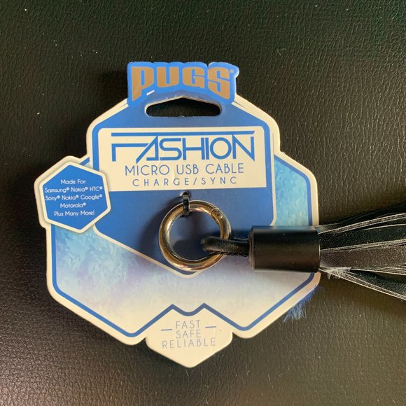 NEW PUGS black Micro USB Cable Charge & Sync Tassel clip - Samsung Sony Google - Picture 2 of 6